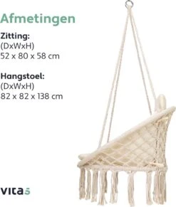 Vita5 Macramé Hangstoel - Voor Binnen En Buiten - Zonder Standaard - Incl. Kussen, Boekenvak En Beschermhoes - Tot 150kg - Beige -Tuin- En Buitenwinkels 1020x1200
