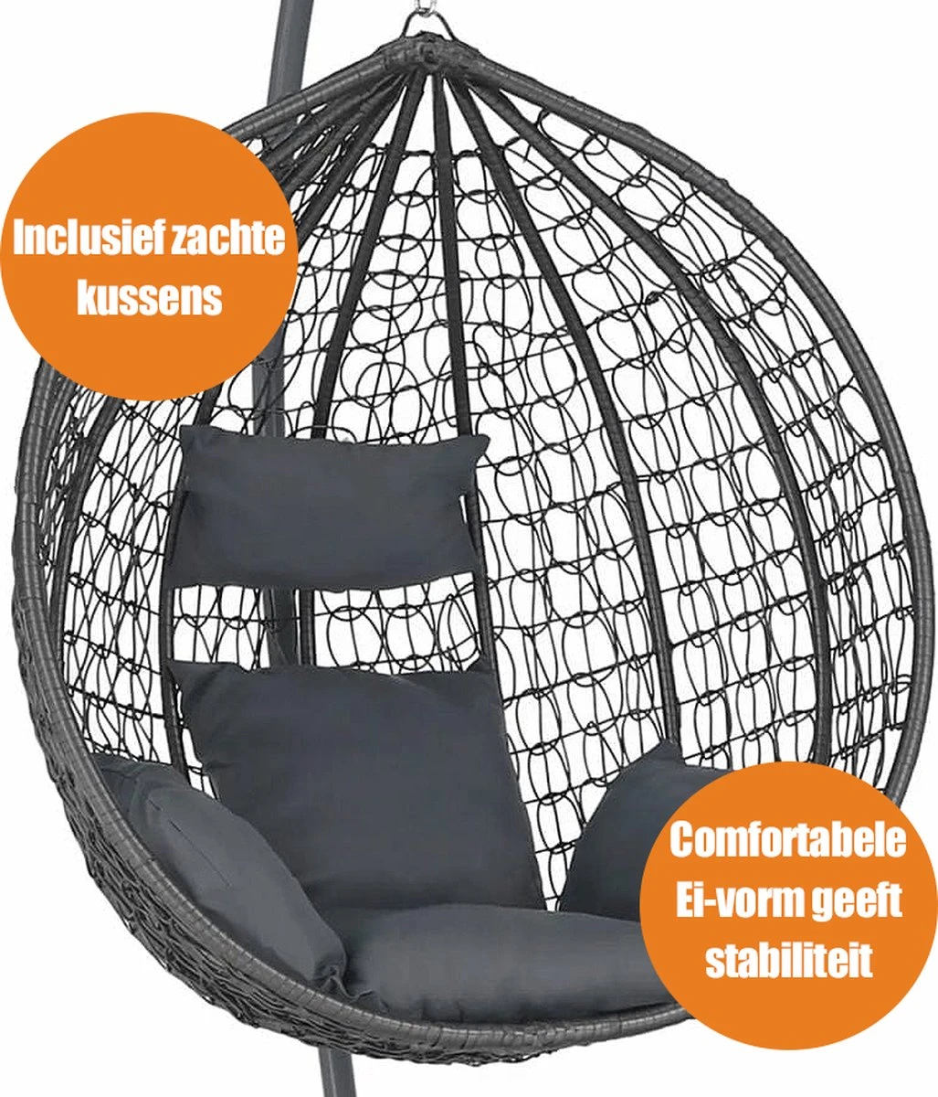 Bircim Hangstoel Ei/Egg-Vorm Met Dikke Kussens - Voor Binnen En Buiten - Incl. Standaard, Onderstel & Kussens - Antraciet 4 Bircim Hangstoel Ei/Egg-Vorm Met Dikke Kussens - Voor Binnen En Buiten - Incl. Standaard, Onderstel & Kussens - Antraciet - Afbeelding 4