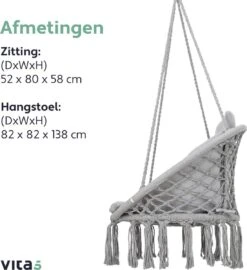 Vita5 Macramé Hangstoel - Voor Binnen En Buiten - Zonder Standaard - Incl. Kussen, Boekenvak En Beschermhoes - Tot 150kg - Grijs -Tuin- En Buitenwinkels 1099x1200