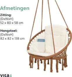 Vita5 Macramé Hangstoel - Voor Binnen En Buiten - Zonder Standaard - Incl. Kussen, Boekenvak En Beschermhoes - Tot 150kg - Bruin/Beige -Tuin- En Buitenwinkels 1125x1200