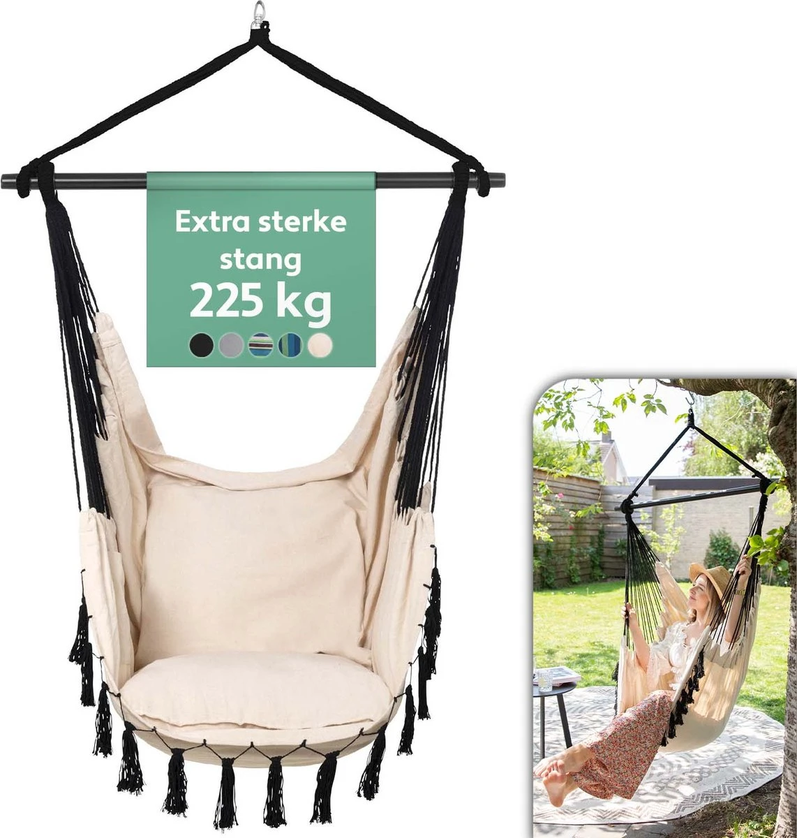 Vita5 XXL Hangstoel | Binnen&Buiten Hangnest | Incl. 2 Kussens En Boekenvak | Volwassenen&Kinderen | Hangmatstoel Tot 225kg | Beige 1 Vita5 XXL Hangstoel | Binnen&Buiten Hangnest | Incl. 2 Kussens En Boekenvak | Volwassenen&Kinderen | Hangmatstoel Tot 225kg | Beige