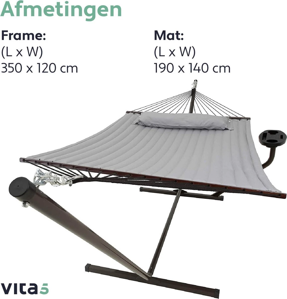 Vita5 Hangmat Met Standaard En Spreidstok – 2 Persoons – Incl. Bekerhouder - Afneembaar Kussen – Uv-bestendig – Lichtgrijs 9 Vita5 Hangmat Met Standaard En Spreidstok – 2 Persoons – Incl. Bekerhouder - Afneembaar Kussen – Uv-bestendig – Lichtgrijs - Afbeelding 9