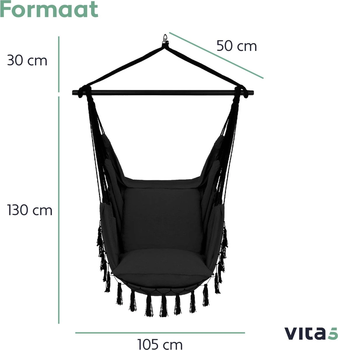 Vita5 XXL Hangstoel - Binnen&Buiten Hangnest - Incl. 2 Kussens En Boekenvak - Volwassenen&Kinderen - Hangmatstoel Tot 225kg - Zwart 6 Vita5 XXL Hangstoel - Binnen&Buiten Hangnest - Incl. 2 Kussens En Boekenvak - Volwassenen&Kinderen - Hangmatstoel Tot 225kg - Zwart - Afbeelding 6