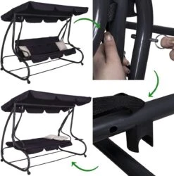 Springos Schommelbank | Linda-Schommel | 3-zits | Waterafstotend | Inclusief 2 Kussens | Verstelbare Luifel | 162 X 200 X 120 Cm | Zwart -Tuin- En Buitenwinkels 1186x1200