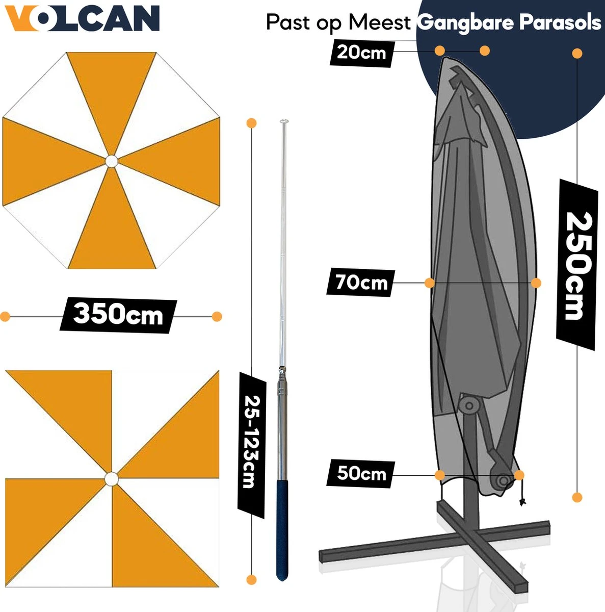Volcan Parasolhoes Voor Zweefparasol - Tot 300cm - Waterdicht - Oxford 420D - Met Rits, Trekkoord En Stok - Zwart 3 Volcan Parasolhoes Voor Zweefparasol - Tot 300cm - Waterdicht - Oxford 420D - Met Rits, Trekkoord En Stok - Zwart - Afbeelding 3