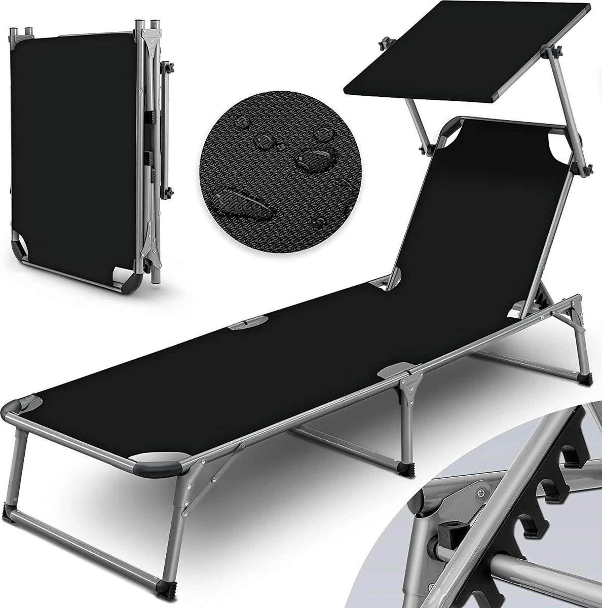 Sens Design Zonnebed - Ligbed Inklapbaar Met Zonneklep - Zwart 1 Sens Design Zonnebed - Ligbed Inklapbaar Met Zonneklep - Zwart