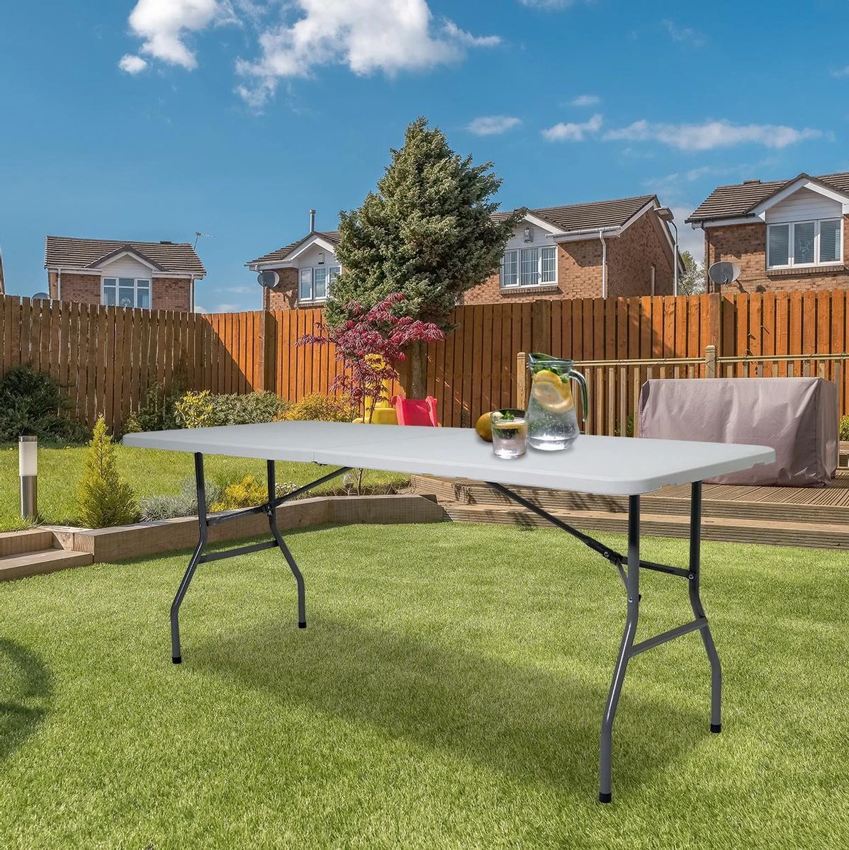 LifeGoods Klaptafel - Inklapbaar - 70x180cm - Verstelbare Vouwtafel - Weerbestendig - Wit 7 LifeGoods Klaptafel - Inklapbaar - 70x180cm - Verstelbare Vouwtafel - Weerbestendig - Wit - Afbeelding 7