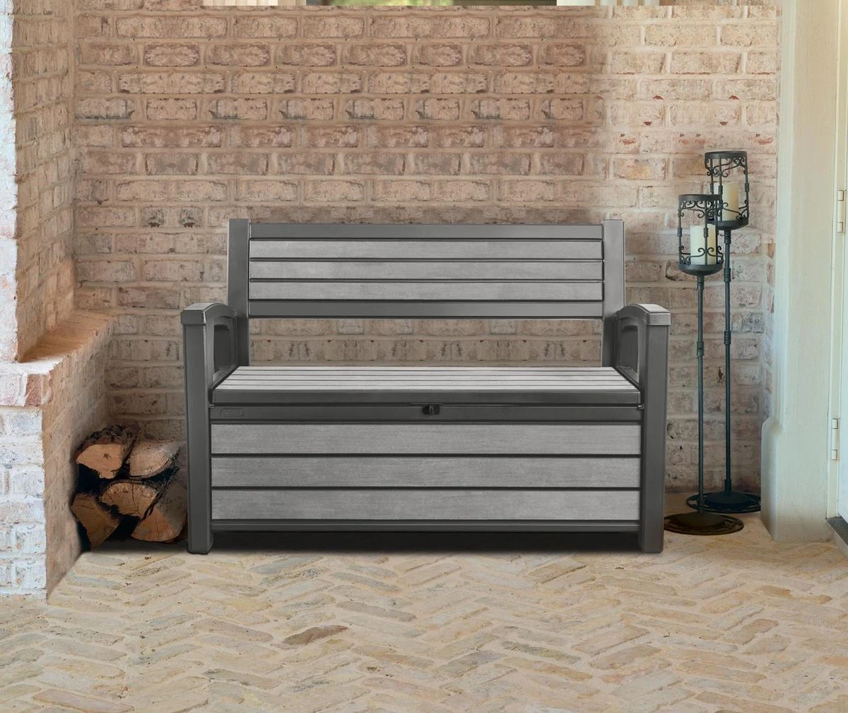 Keter - Hudson Bench Box - 2-zits Bank - Opbergbox - Hout Look & Feel - 227L - 138x63x89cm - Antraciet 2 Keter - Hudson Bench Box - 2-zits Bank - Opbergbox - Hout Look & Feel - 227L - 138x63x89cm - Antraciet - Afbeelding 2