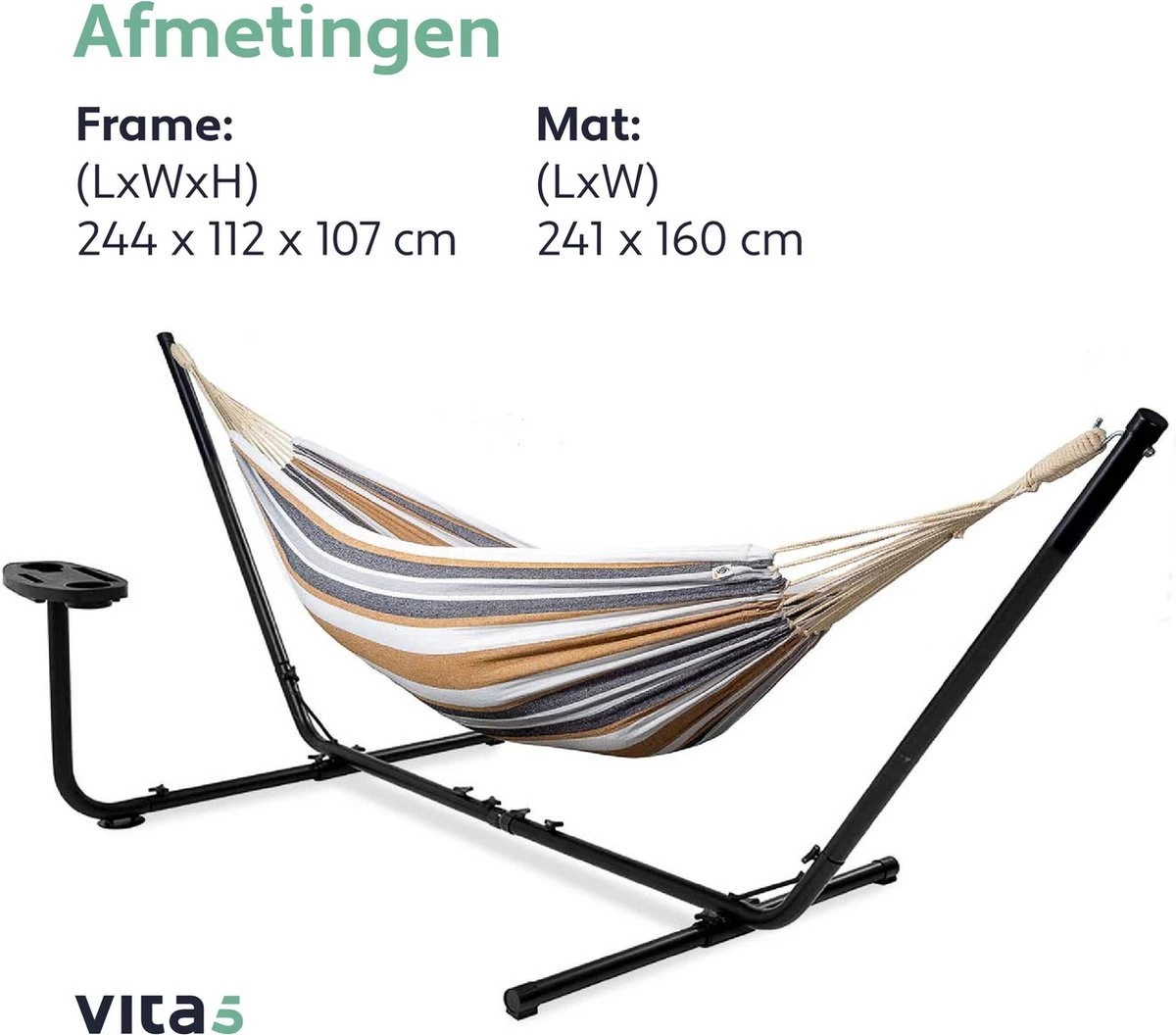 Vita5 Hangmat Met Standaard – 2 Persoons – Incl. Bekerhouder – 205kg Draaggewicht – Blauw/Wit/Bruin 8 Vita5 Hangmat Met Standaard – 2 Persoons – Incl. Bekerhouder – 205kg Draaggewicht – Blauw/Wit/Bruin - Afbeelding 8