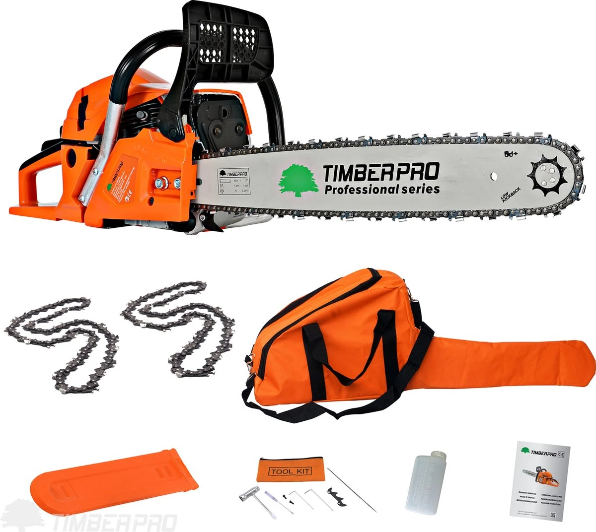 TIMBERPRO - Kettingzaag – Benzine - 62 Cc - Zwaardlengte 50 Cm - Transportzak - 2e Ketting 1 TIMBERPRO - Kettingzaag – Benzine - 62 Cc - Zwaardlengte 50 Cm - Transportzak - 2e Ketting