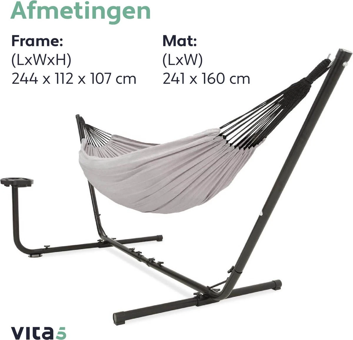Vita5 Hangmat Met Standaard – 2 Persoons – Incl. Bekerhouder – 205kg Draaggewicht – Grijs 8 Vita5 Hangmat Met Standaard – 2 Persoons – Incl. Bekerhouder – 205kg Draaggewicht – Grijs - Afbeelding 8