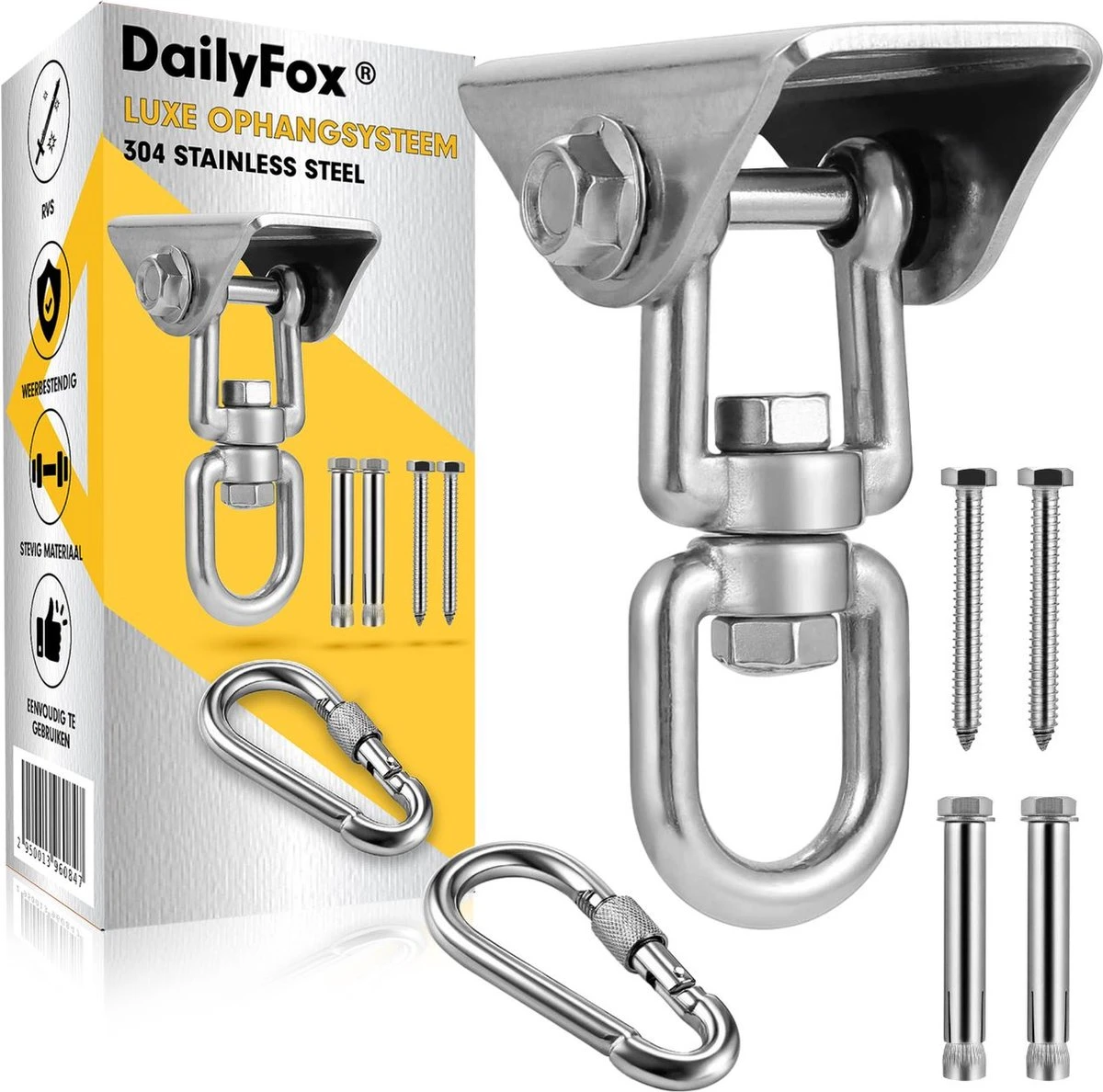 Luxe Ophangsysteem - 180° Schommelen, 360° Roteerbaar - Plafondhaak - Ophanghaak - Hangstoel Buiten - Hangstoel Binnen – Schommelstoel - Schommel - Bokszakken - RVS - Nederlandse Handleiding - 1 Luxe Ophangsysteem - 180° Schommelen, 360° Roteerbaar - Plafondhaak - Ophanghaak - Hangstoel Buiten - Hangstoel Binnen – Schommelstoel - Schommel - Bokszakken - RVS - Nederlandse Handleiding -