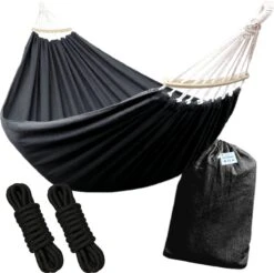Dubbele Hangmat Zwart Met Spreidstok - 1 Of 2 Persoons - Lig Oppervlak 190x150cm - Lengte 260cm