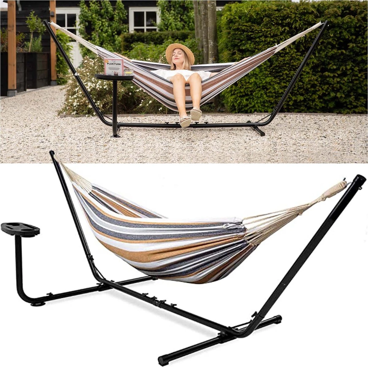 Vita5 Hangmat Met Standaard – 2 Persoons – Incl. Bekerhouder – 205kg Draaggewicht – Blauw/Wit/Bruin 1 Vita5 Hangmat Met Standaard – 2 Persoons – Incl. Bekerhouder – 205kg Draaggewicht – Blauw/Wit/Bruin