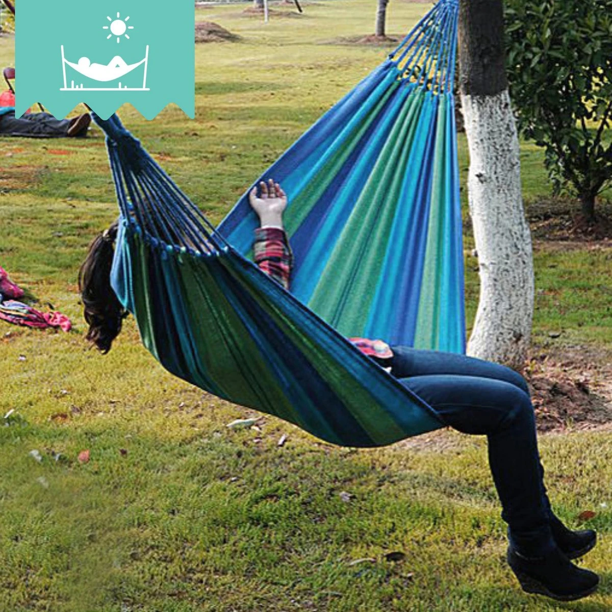 Dubbele Hangmat Blauw - 1 Of 2 Persoons - Lig Oppervlak 190x150cm - Lengte 260cm 8 Dubbele Hangmat Blauw - 1 Of 2 Persoons - Lig Oppervlak 190x150cm - Lengte 260cm - Afbeelding 8