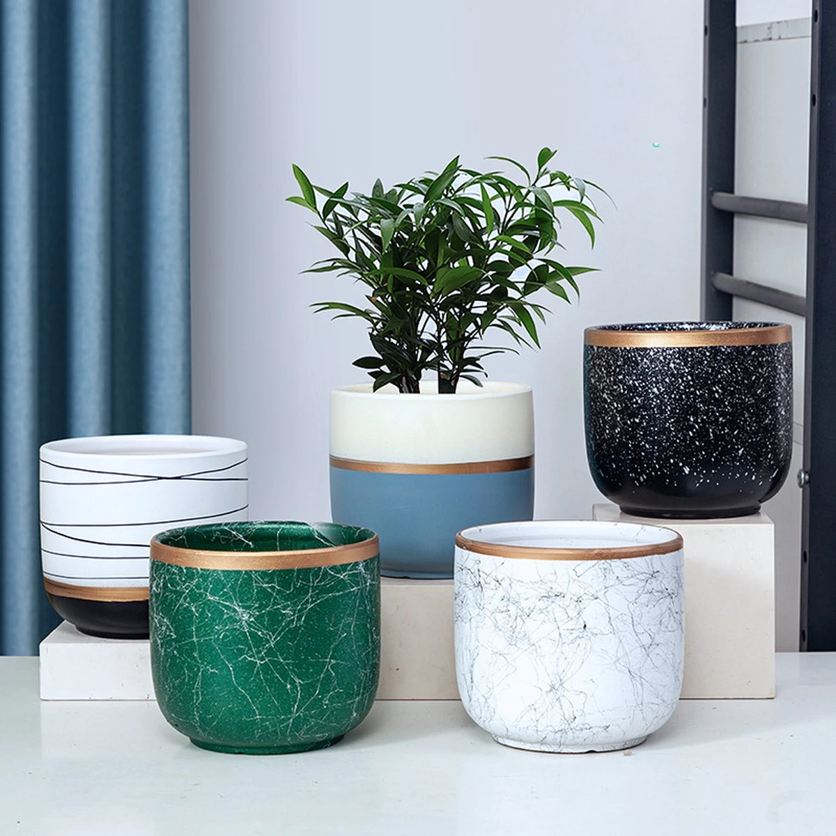 Bloempotten Binnen - Keramiek - Gouden Rand - Bloempot Buiten - Afvoergat 24 Cm - Wit Zwart – Groot 1 Bloempotten Binnen - Keramiek - Gouden Rand - Bloempot Buiten - Afvoergat 24 Cm - Wit Zwart – Groot