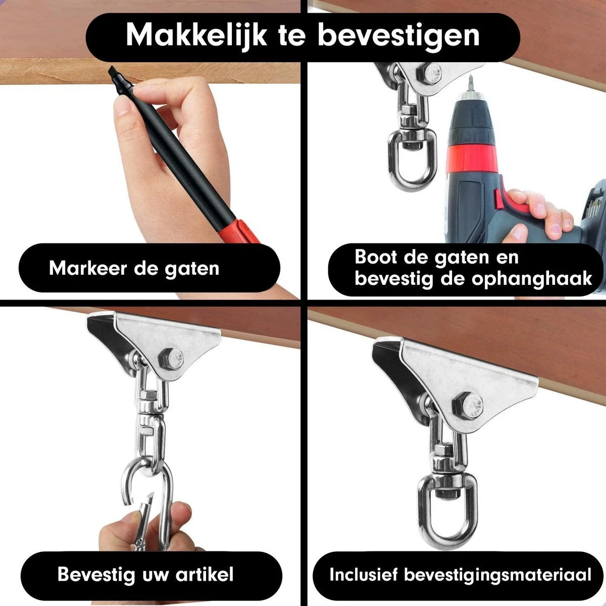 Luxe Ophangsysteem - 180° Schommelen, 360° Roteerbaar - Plafondhaak - Ophanghaak - Hangstoel Buiten - Hangstoel Binnen – Schommelstoel - Schommel - Bokszakken - RVS - Nederlandse Handleiding - 2 Luxe Ophangsysteem - 180° Schommelen, 360° Roteerbaar - Plafondhaak - Ophanghaak - Hangstoel Buiten - Hangstoel Binnen – Schommelstoel - Schommel - Bokszakken - RVS - Nederlandse Handleiding - - Afbeelding 2