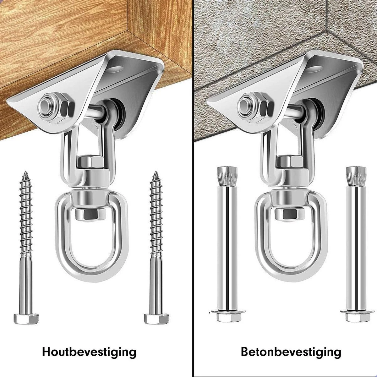 Luxe Ophangsysteem - 180° Schommelen, 360° Roteerbaar - Plafondhaak - Ophanghaak - Hangstoel Buiten - Hangstoel Binnen – Schommelstoel - Schommel - Bokszakken - RVS - Nederlandse Handleiding - 5 Luxe Ophangsysteem - 180° Schommelen, 360° Roteerbaar - Plafondhaak - Ophanghaak - Hangstoel Buiten - Hangstoel Binnen – Schommelstoel - Schommel - Bokszakken - RVS - Nederlandse Handleiding - - Afbeelding 5