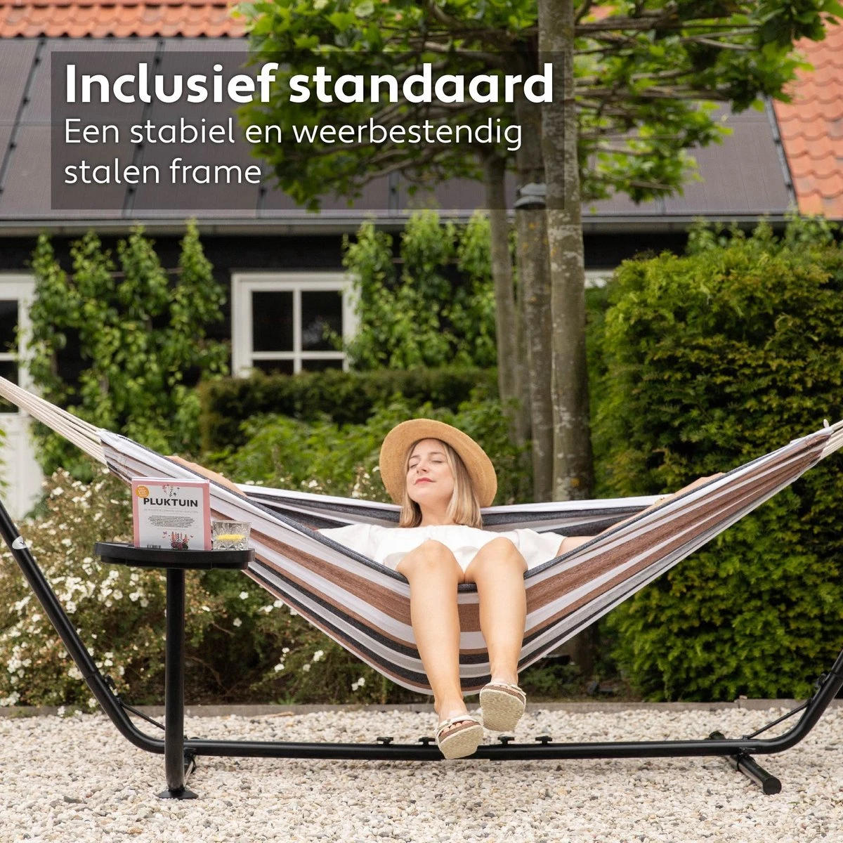 Vita5 Hangmat Met Standaard – 2 Persoons – Incl. Bekerhouder – 205kg Draaggewicht – Blauw/Wit/Bruin 3 Vita5 Hangmat Met Standaard – 2 Persoons – Incl. Bekerhouder – 205kg Draaggewicht – Blauw/Wit/Bruin - Afbeelding 3