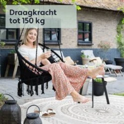 Vita5 Macramé Hangstoel - Voor Binnen En Buiten - Zonder Standaard - Incl. Kussen, Boekenvak En Beschermhoes - Tot 150kg - Zwart -Tuin- En Buitenwinkels 1200x1200 403