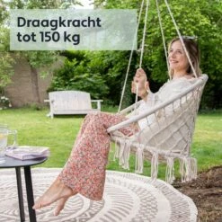 Vita5 Macramé Hangstoel - Voor Binnen En Buiten - Zonder Standaard - Incl. Kussen, Boekenvak En Beschermhoes - Tot 150kg - Beige -Tuin- En Buitenwinkels 1200x1200 441
