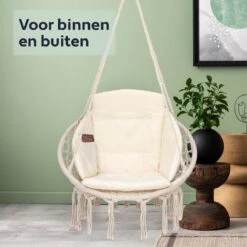 Vita5 Macramé Hangstoel - Voor Binnen En Buiten - Zonder Standaard - Incl. Kussen, Boekenvak En Beschermhoes - Tot 150kg - Beige -Tuin- En Buitenwinkels 1200x1200 442