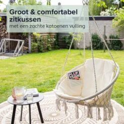 Vita5 Macramé Hangstoel - Voor Binnen En Buiten - Zonder Standaard - Incl. Kussen, Boekenvak En Beschermhoes - Tot 150kg - Beige -Tuin- En Buitenwinkels 1200x1200 443