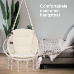 Vita5 Macramé Hangstoel - Voor Binnen En Buiten - Zonder Standaard - Incl. Kussen, Boekenvak En Beschermhoes - Tot 150kg - Beige -Tuin- En Buitenwinkels 1200x1200 444