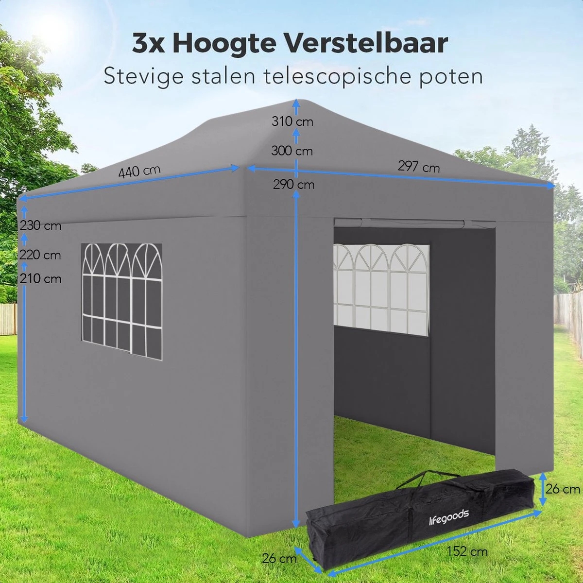 LifeGoods Partytent - 3x4.5 M - Zijwanden - Easy Up - Opvouwbaar - Waterdicht - Draagtas Met Wieltjes - Donkergrijs 10 LifeGoods Partytent - 3x4.5 M - Zijwanden - Easy Up - Opvouwbaar - Waterdicht - Draagtas Met Wieltjes - Donkergrijs - Afbeelding 10