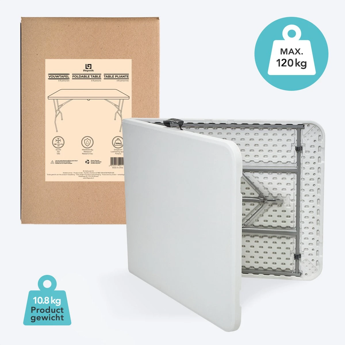 LifeGoods Klaptafel - Inklapbaar - 70x180cm - Verstelbare Vouwtafel - Weerbestendig - Wit 4 LifeGoods Klaptafel - Inklapbaar - 70x180cm - Verstelbare Vouwtafel - Weerbestendig - Wit - Afbeelding 4