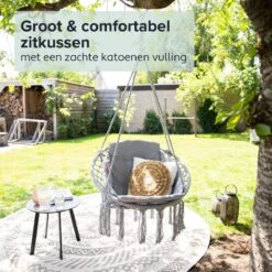 Vita5 Macramé Hangstoel - Voor Binnen En Buiten - Zonder Standaard - Incl. Kussen, Boekenvak En Beschermhoes - Tot 150kg - Grijs -Tuin- En Buitenwinkels 1200x1200 66