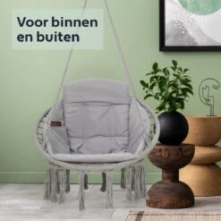 Vita5 Macramé Hangstoel - Voor Binnen En Buiten - Zonder Standaard - Incl. Kussen, Boekenvak En Beschermhoes - Tot 150kg - Grijs -Tuin- En Buitenwinkels 1200x1200 68