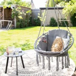 Vita5 Macramé Hangstoel - Voor Binnen En Buiten - Zonder Standaard - Incl. Kussen, Boekenvak En Beschermhoes - Tot 150kg - Grijs -Tuin- En Buitenwinkels 1200x1200 69