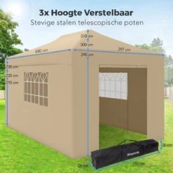 LifeGoods Partytent - 3x4.5 M - Zijwanden - Easy Up - Opvouwbaar - Waterdicht - Draagtas Met Wieltjes - Beige -Tuin- En Buitenwinkels 1200x1200 698