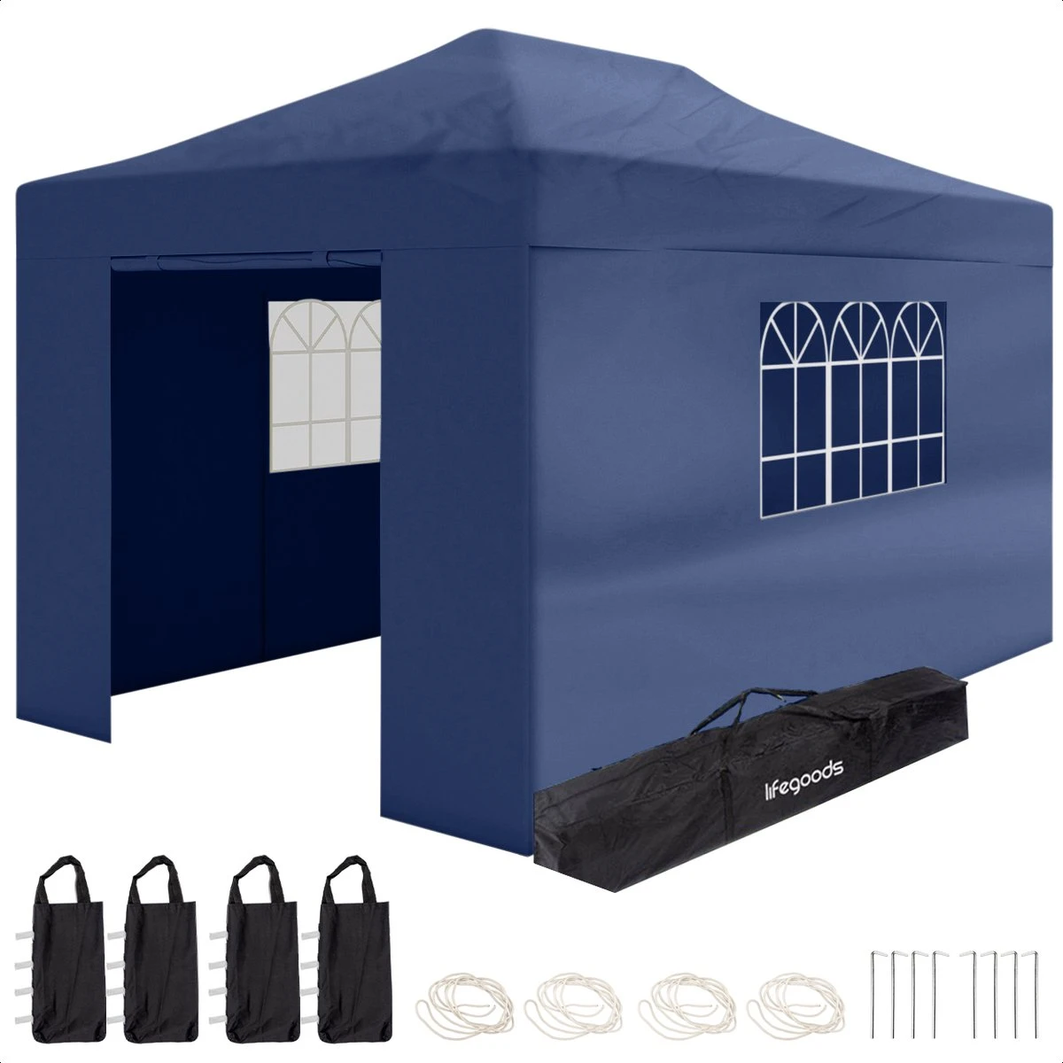 LifeGoods Partytent - 3x4.5 M - Zijwanden - Easy Up - Opvouwbaar - Waterdicht - Draagtas Met Wieltjes - Donkerblauw 1 LifeGoods Partytent - 3x4.5 M - Zijwanden - Easy Up - Opvouwbaar - Waterdicht - Draagtas Met Wieltjes - Donkerblauw