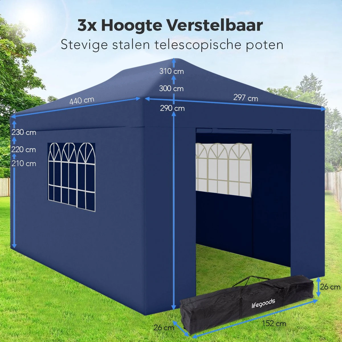 LifeGoods Partytent - 3x4.5 M - Zijwanden - Easy Up - Opvouwbaar - Waterdicht - Draagtas Met Wieltjes - Donkerblauw 5 LifeGoods Partytent - 3x4.5 M - Zijwanden - Easy Up - Opvouwbaar - Waterdicht - Draagtas Met Wieltjes - Donkerblauw - Afbeelding 5