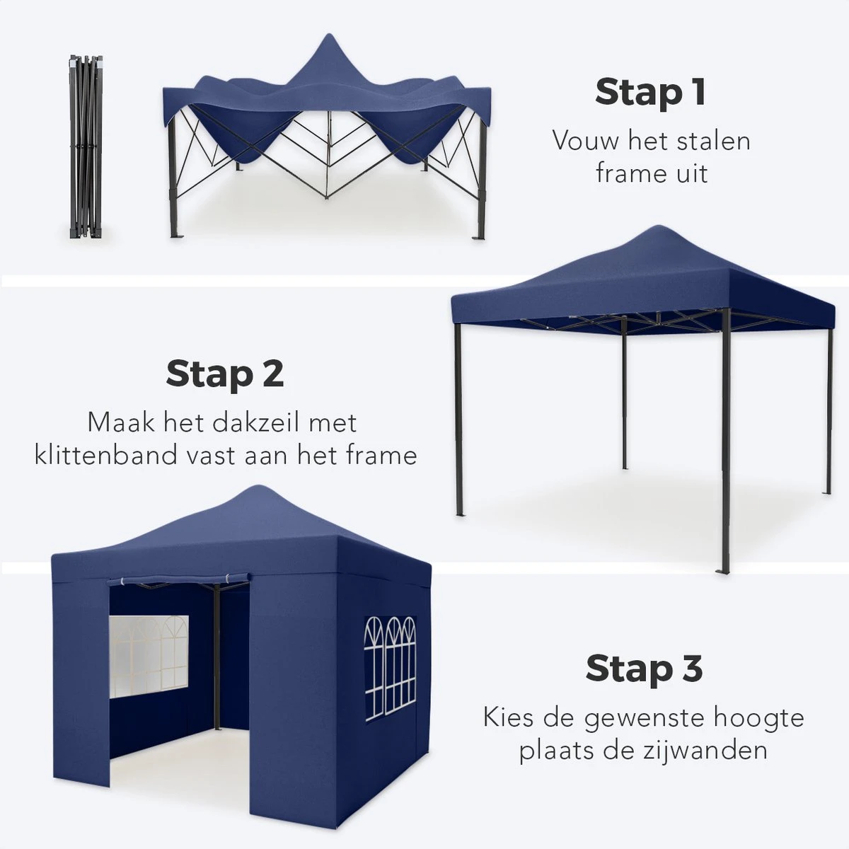 LifeGoods Partytent - 3x3 M - Zijwanden - Easy Up - Opvouwbaar - Waterdicht - Draagtas Met Wieltjes - Donkerblauw 11 LifeGoods Partytent - 3x3 M - Zijwanden - Easy Up - Opvouwbaar - Waterdicht - Draagtas Met Wieltjes - Donkerblauw - Afbeelding 11
