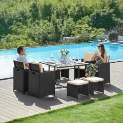 Tuinmeubelset - Tuinset 4 6 8 Persoons - Eettafel En Stoelen - Set Van 9 - Terras - Tuintafel - Salontafel Met Glazen Oppervlak - Zwart Beige -Tuin- En Buitenwinkels 1200x1200 777