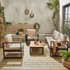 Loungeset 5 Plaatsen Van Aluminium En Eucalyptus – NAZCA – Antraciet Structuur, Lichtgrijs Kussens -Tuin- En Buitenwinkels 1200x1200 919