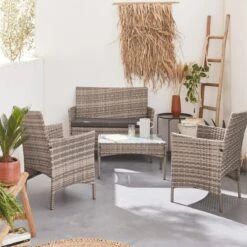 Alice's Garden Loungeset Moltès - 4 Plaatsen - Wicker - Kleine Set - Tinten Grijs/grijs