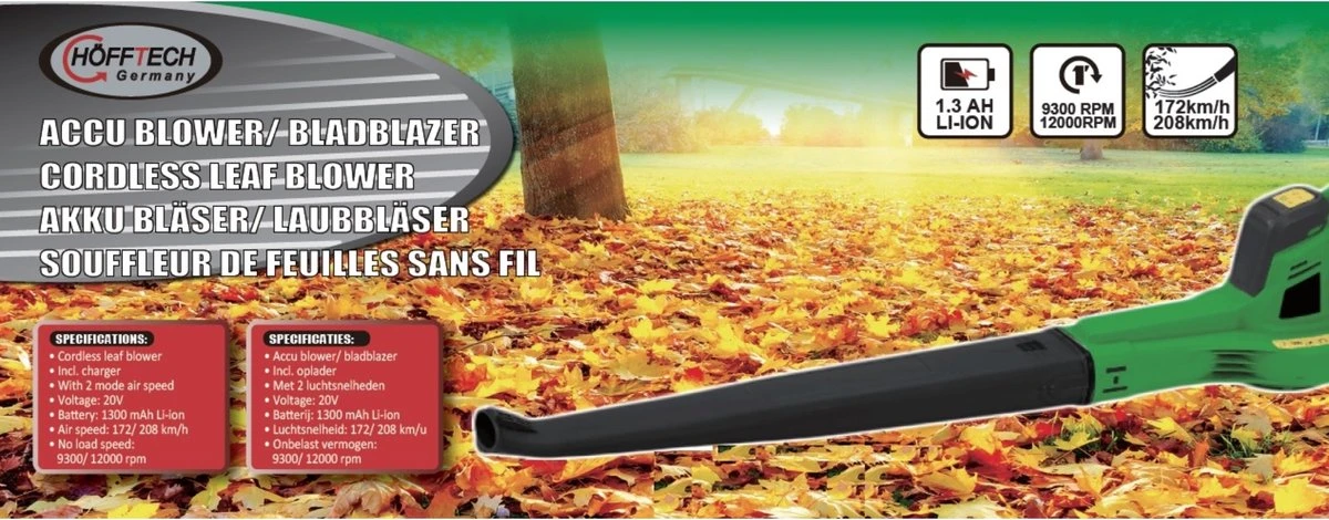 Hofftech Draadloze Bladblazer Met Accu - 20 V 1300 Mah 2 Hofftech Draadloze Bladblazer Met Accu - 20 V 1300 Mah - Afbeelding 2
