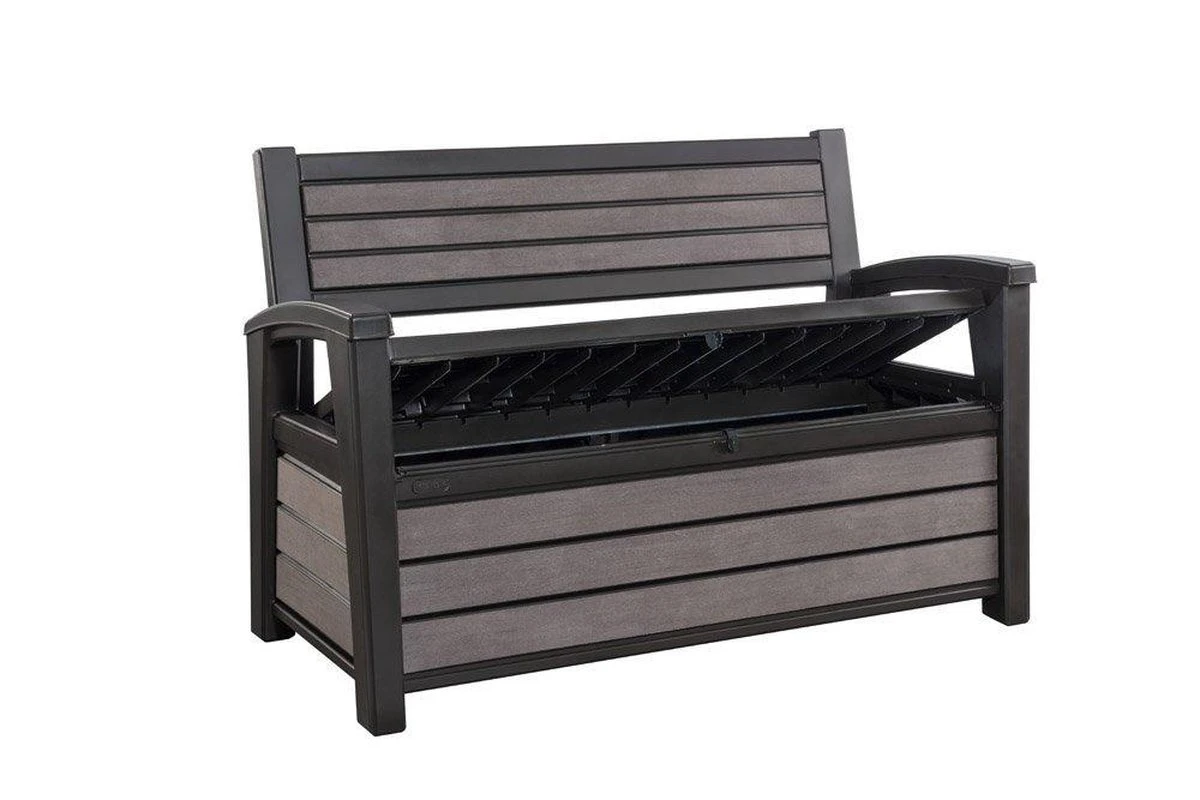 Keter - Hudson Bench Box - 2-zits Bank - Opbergbox - Hout Look & Feel - 227L - 138x63x89cm - Antraciet 11 Keter - Hudson Bench Box - 2-zits Bank - Opbergbox - Hout Look & Feel - 227L - 138x63x89cm - Antraciet - Afbeelding 11