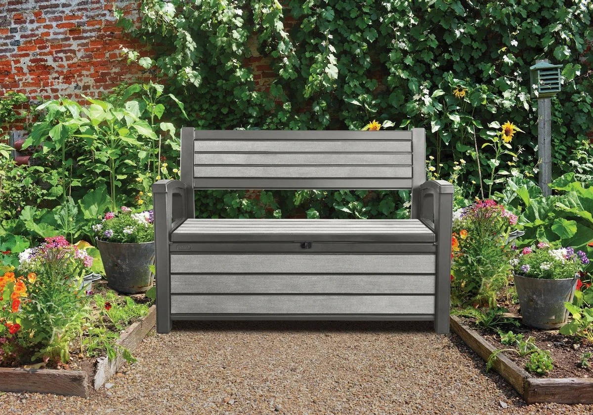 Keter - Hudson Bench Box - 2-zits Bank - Opbergbox - Hout Look & Feel - 227L - 138x63x89cm - Antraciet 3 Keter - Hudson Bench Box - 2-zits Bank - Opbergbox - Hout Look & Feel - 227L - 138x63x89cm - Antraciet - Afbeelding 3