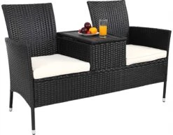 Casaria Tuinbank Polyrattan – 2 Zitter Incl. Tafel & Kussens – Zwart