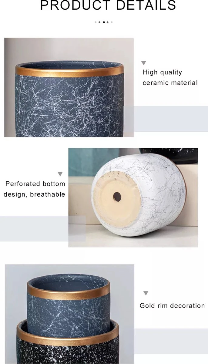 Bloempotten Binnen - Keramiek - Gouden Rand - Bloempot Buiten - Afvoergat 24 Cm - Wit Zwart – Groot 3 Bloempotten Binnen - Keramiek - Gouden Rand - Bloempot Buiten - Afvoergat 24 Cm - Wit Zwart – Groot - Afbeelding 3