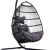 Merkloos Hangstoel Norway - Zwart Wicker & Touw Luxe Egg Hangstoel Met Dikke Antraciete Kussens Met Frame - Inklapbare Basket